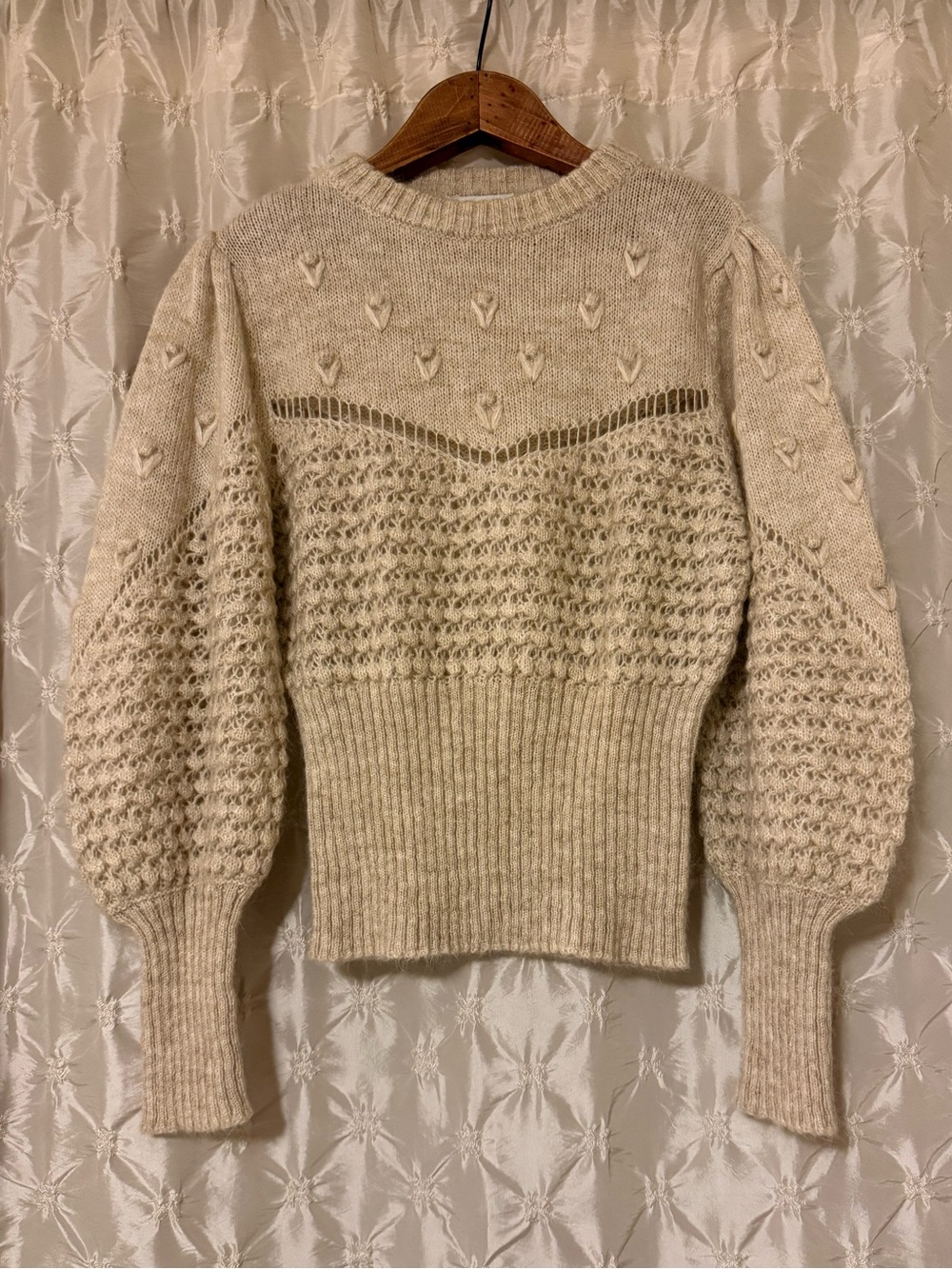 ROUJE Paris Sylvie Knit Jumper Sweater Cream Beige Oatmeal Pointelle Puff Sleeve - Picture 3 of 11